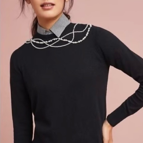 NWT Anthropologie Large Pearled Collar Black Cotton Cashmere Pullover Sweater - Picture 1 of 5